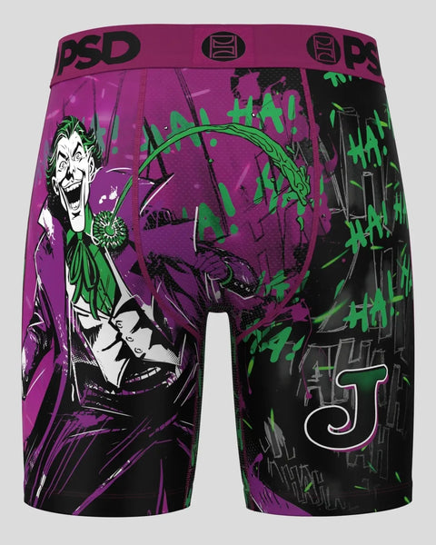 Men's boxer briefs with Joker character graphic in purple, black, and neon green with 