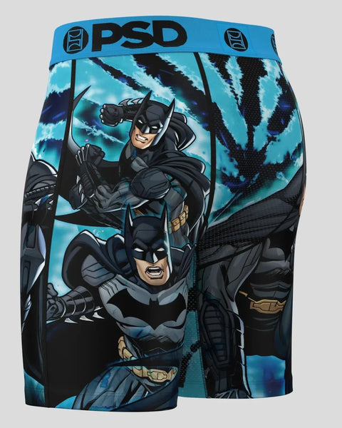 PSD brand shorts with Batman character print in blue, black, and gray on front and back.
