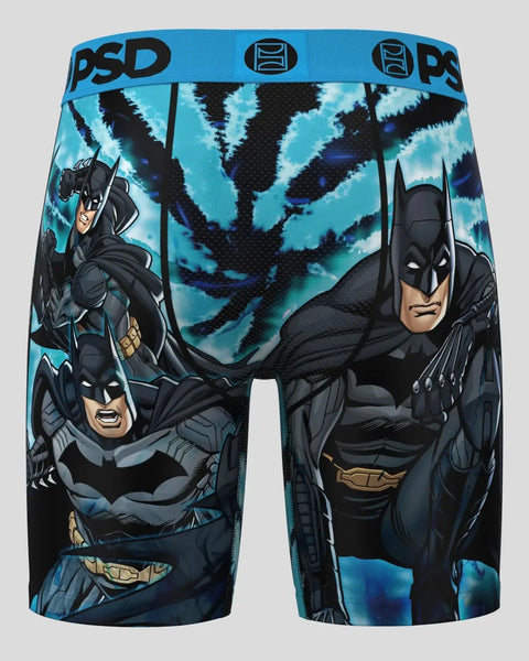Blue PSD boxer briefs with Batman characters and tie-dye lightning bolt graphic design.