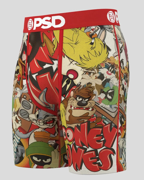 PSD brand boxer shorts with Looney Tunes characters and red waistband.