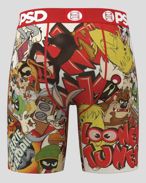 Red PSD boxer shorts with Looney Tunes characters and comic-style graphics printed throughout.