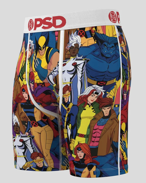 PSD boxer briefs featuring colorful X-Men characters in various costumes and poses on blue, yellow, and red background.