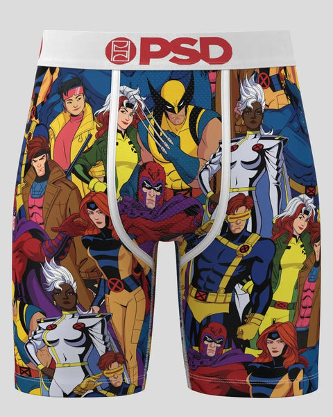 PSD brand men's boxer shorts featuring multiple X-Men characters in yellow, blue, red, and purple costumes on blue background