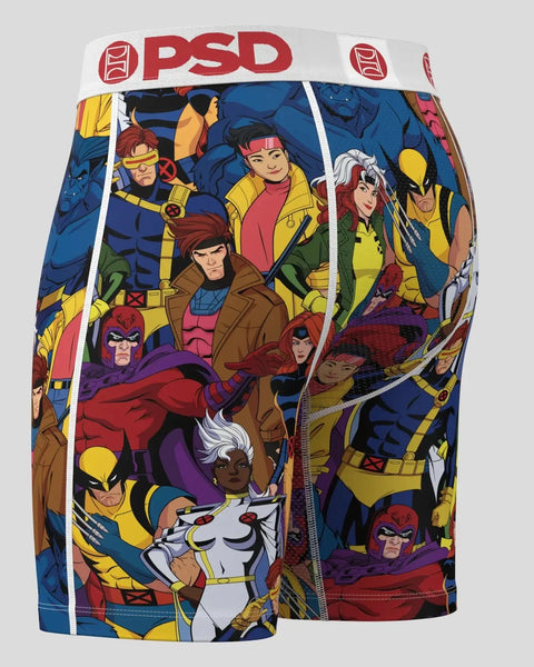 PSD boxers with Marvel X-Men squad characters in yellow, blue, and red costumes on dark blue background.