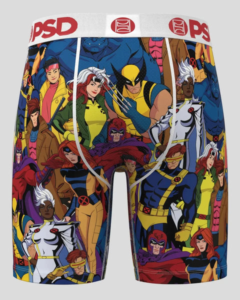 PSD boxer briefs with Marvel X-Men characters in yellow, blue, and red on blue background.