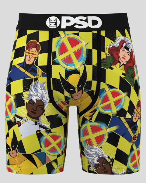 PSD brand underwear with X-Men characters and yellow and black checkerboard pattern.