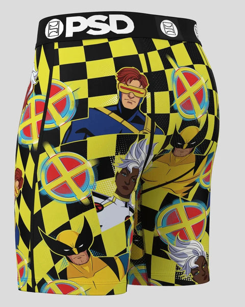 PSD boxer shorts featuring X-Men characters and red/blue logos on yellow and black checkerboard pattern.