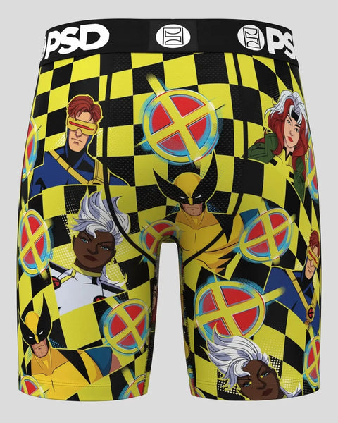 PSD brand boxer shorts with yellow and black checkerboard pattern featuring X-Men characters and logos.