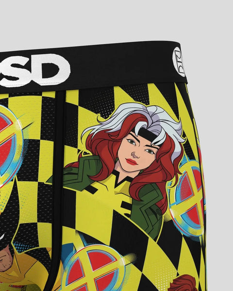 X-Men checkers game box featuring character with red hair and green outfit on yellow and black checkered background.