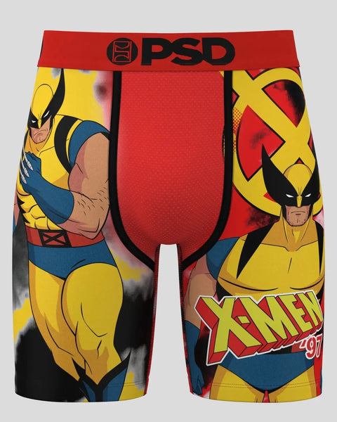 PSD brand boxer shorts featuring Wolverine and X-Men characters in yellow, red, and blue with red waistband.