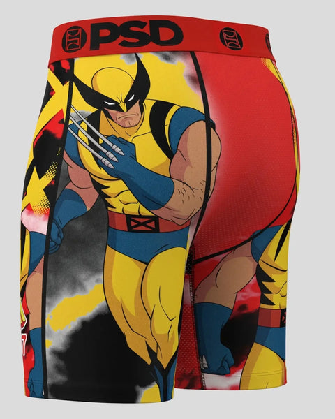 PSD boxer briefs featuring Wolverine character in yellow, blue, and red costume with claws on red waistband.
