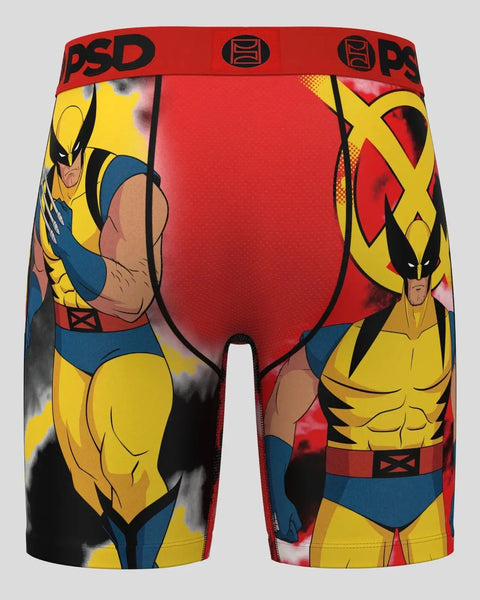 Red and yellow X-Men Wolverine character print boxer shorts with PSD brand waistband.