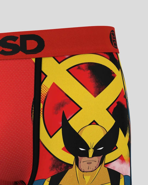 Wolverine character with yellow and black mask on red and yellow fabric with X-Men logo and waistband text.