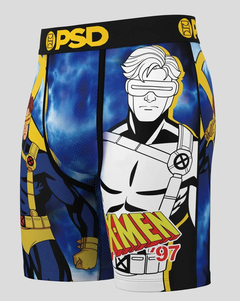 PSD brand boxer shorts featuring Cyclops character with visor, white costume, and X-Men '97 logo on blue background.