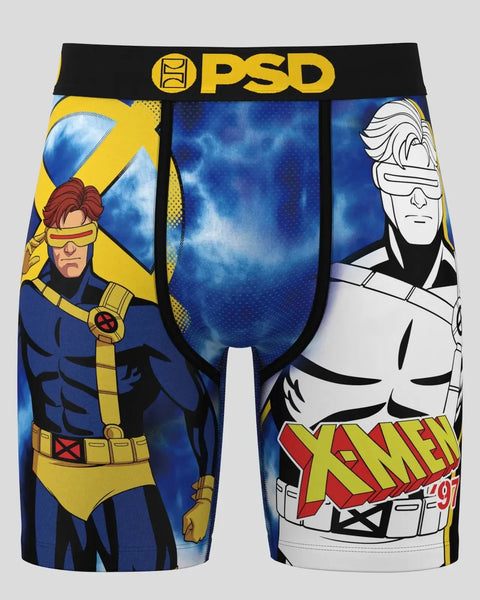 PSD men's boxer briefs featuring Cyclops character in blue and yellow costume with X-Men logo.