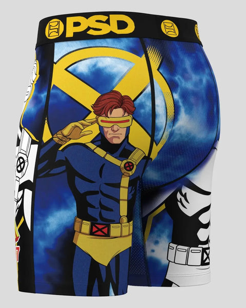 PSD brand underwear with Cyclops character wearing yellow visor and blue suit against blue background.