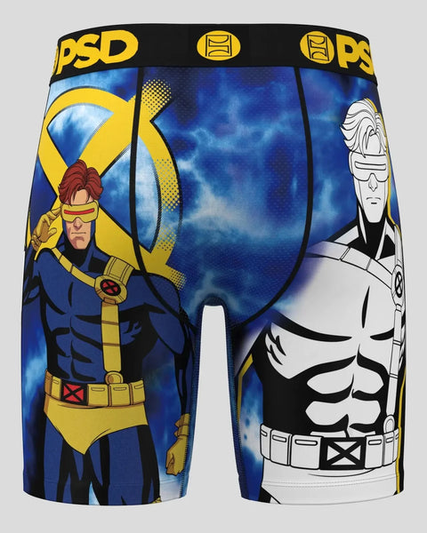 PSD branded boxer briefs with Cyclops character in yellow and blue costume on blue cloudy background.