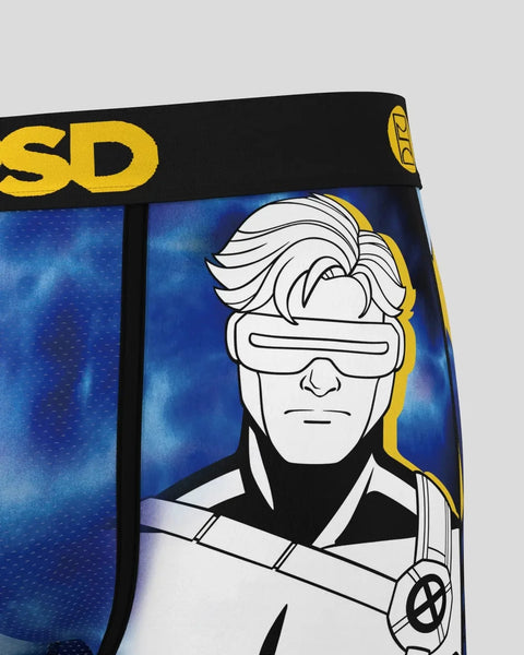 Cyclops character illustration with white hair and visor on blue background with yellow trim and black waistband.