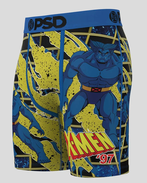 Blue boxer briefs with yellow and black X-Men graphic print featuring a blue muscular character and "X-MEN '97" text.