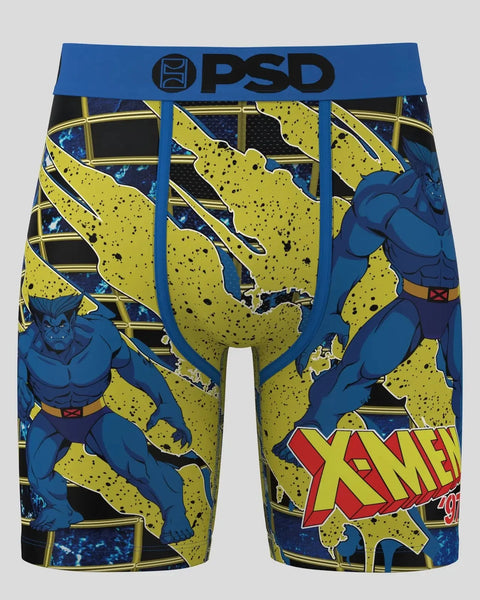 PSD boxer briefs with blue X-Men characters, yellow splatter pattern, and X-Men logo on yellow and black background.