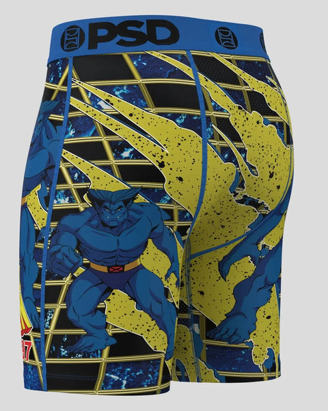 PSD brand blue boxer briefs featuring X-Men character graphic with yellow and black grid pattern design.