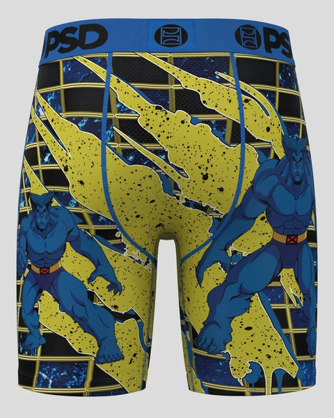Blue and yellow X-Men boxer briefs with Beast character and lightning bolt pattern.