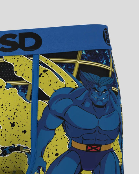 Blue underwear with Marvel X-Men character print, yellow and black accents, and blue waistband with text.