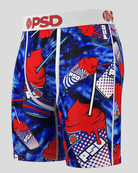 PSD boxer briefs with red lobster claws and geometric patterns on blue tie-dye background.