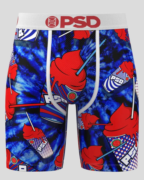 PSD brand boxer briefs with red lobster and blue tie-dye pattern throughout.