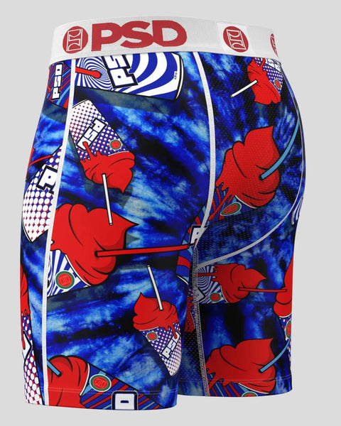 PSD boxer briefs with red lollipop and blue tie-dye print, white waistband with red logo.