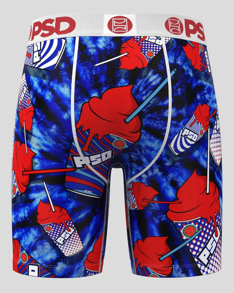 PSD brand boxer briefs with blue tie-dye background and red ramen noodle soup bowl graphic print.