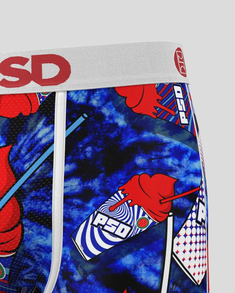 Red and blue patterned boxer briefs with white waistband and geometric designs.