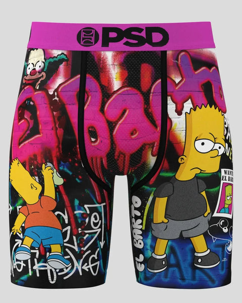PSD boxer shorts featuring Simpsons characters and graffiti art on magenta and black fabric with purple waistband.