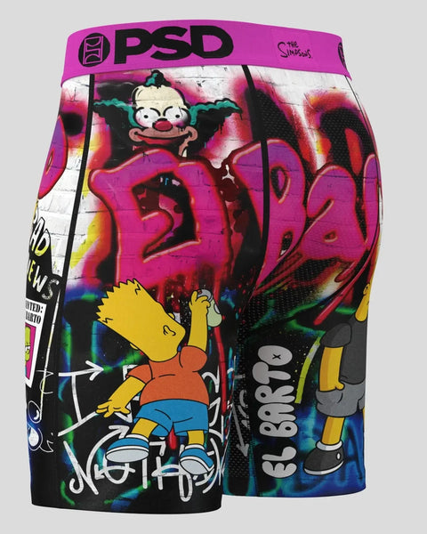 PSD boxer shorts featuring Bart Simpson character with colorful graffiti-style graphics and pink waistband.