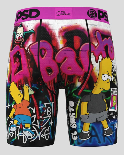 PSD boxer briefs with magenta waistband featuring Simpsons characters and graffiti-style graphics in pink, yellow, and black.