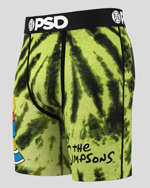 PSD boxer briefs with lime green tie-dye pattern, black waistband, and Bart Simpson graphic on leg.
