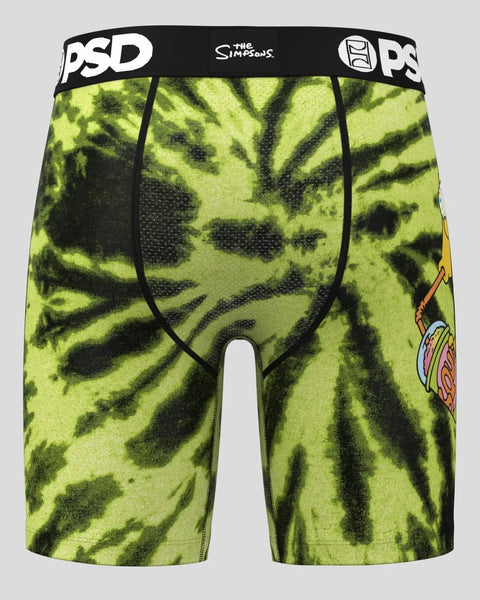 Lime green and black tie-dye boxer briefs with PSD waistband and Bart Simpson cartoon graphic on leg.