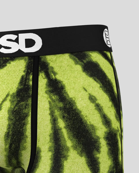 Neon yellow and black patterned underwear with black elastic waistband featuring 