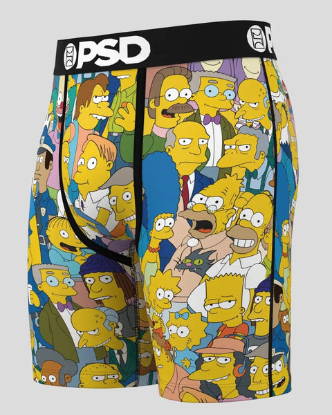 PSD brand boxer briefs with all-over Simpsons character print and black waistband.