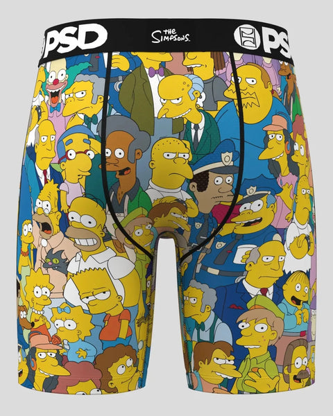 Men's boxer briefs with all-over Simpsons character print and black waistband labeled PSD.