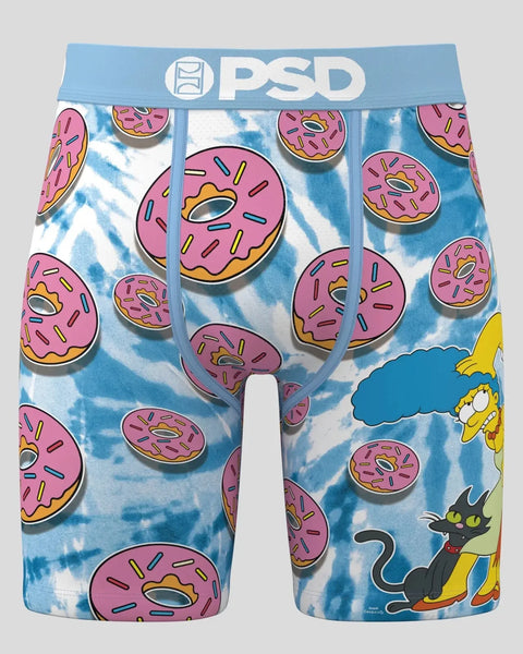 PSD boxer briefs with pink frosted donuts, Marge Simpson, and black cat on blue tie-dye background.