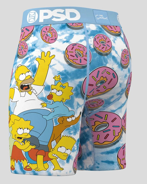 PSD boxer briefs with blue tie-dye background, pink frosted donuts, and Simpsons family characters on front and back.