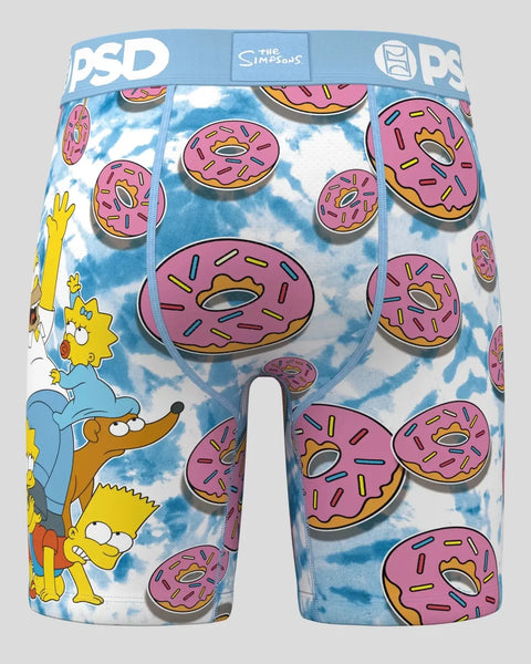 Blue tie-dye boxer briefs with pink frosted donuts and Simpsons characters on front and sides.