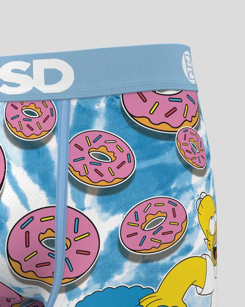 Blue waistband with pink frosted donuts and yellow cartoon character on tie-dye background fabric.