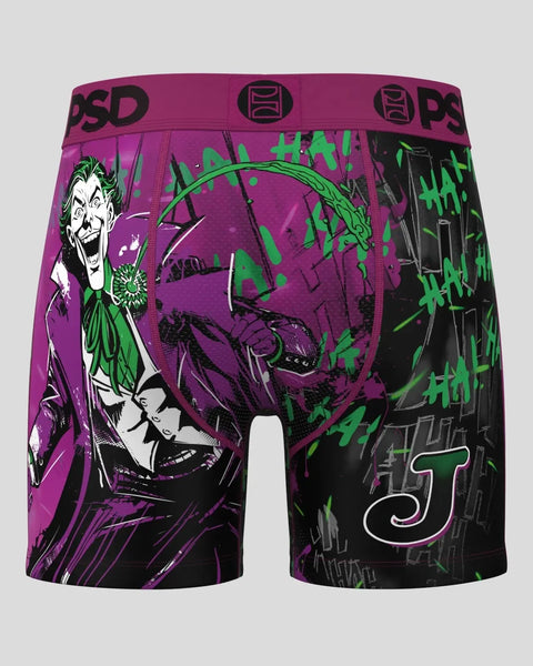 Purple and black shorts with Joker character graphic, green 