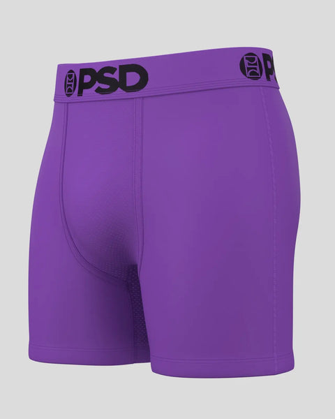 Purple PSD high-rise boxer briefs with branded elastic waistband.