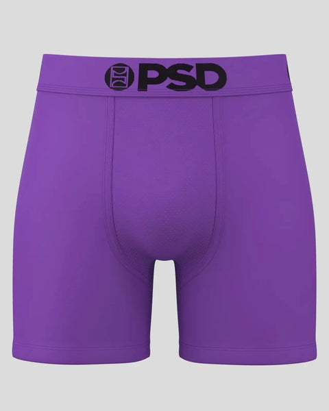 Purple PSD boxer briefs with black waistband logo and center seam detail.