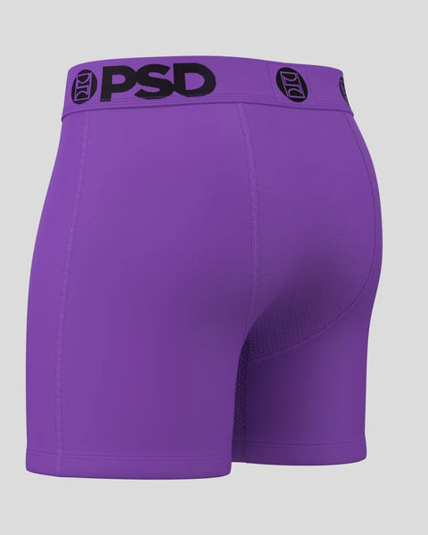 Purple boxer briefs with PSD waistband and black logo, flat-front design with side seams.