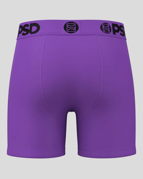 Purple boxer briefs with elastic waistband featuring brand logo and circular badge details.