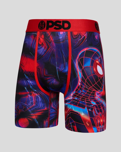 Red PSD waistband boxer briefs with neon red and blue Miles Morales Spider-Man graphic design.